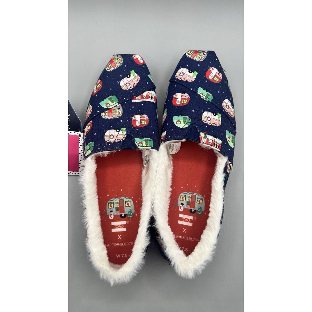 Toms X Paper Source Alparhata Blue Holiday Camper Faux Fur Slip-On Flats 7.5 NEW - Picture 5 of 7